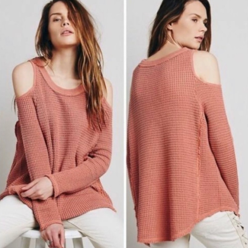 Free People Waffle-Knit Cold Shoulder Sweater